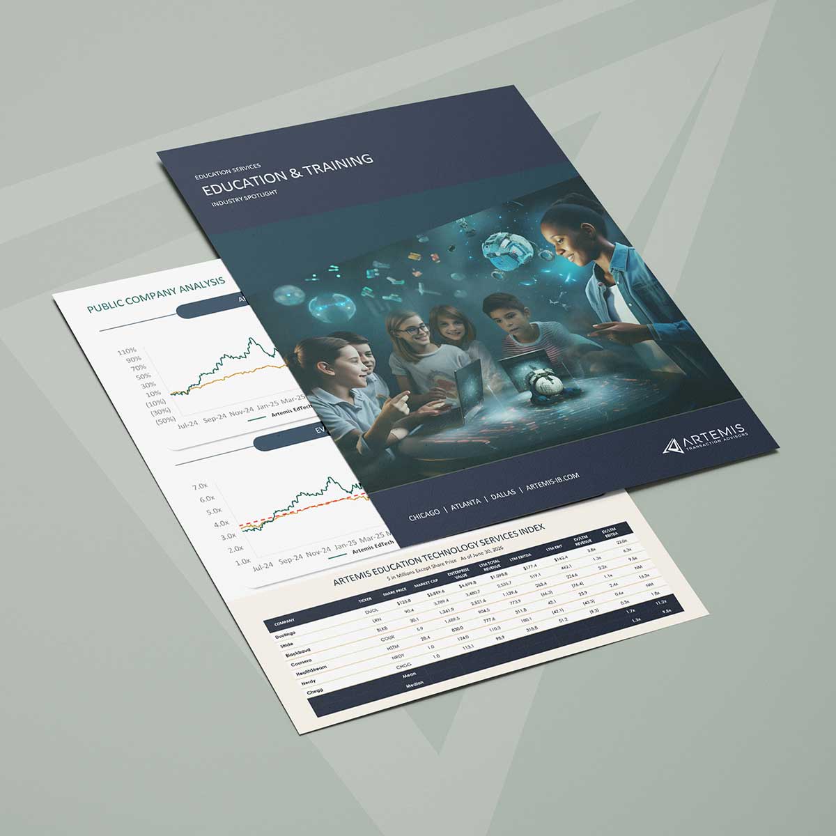 A mock up of the Education and Training Industry M&A Report for Q2, 2026.